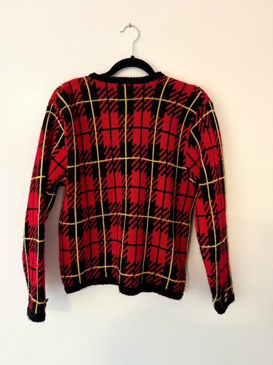Vintage Tally Ho Red Plaid Knit Jacket with Black Trim 1980s Womens Medium - Picture 12 of 14